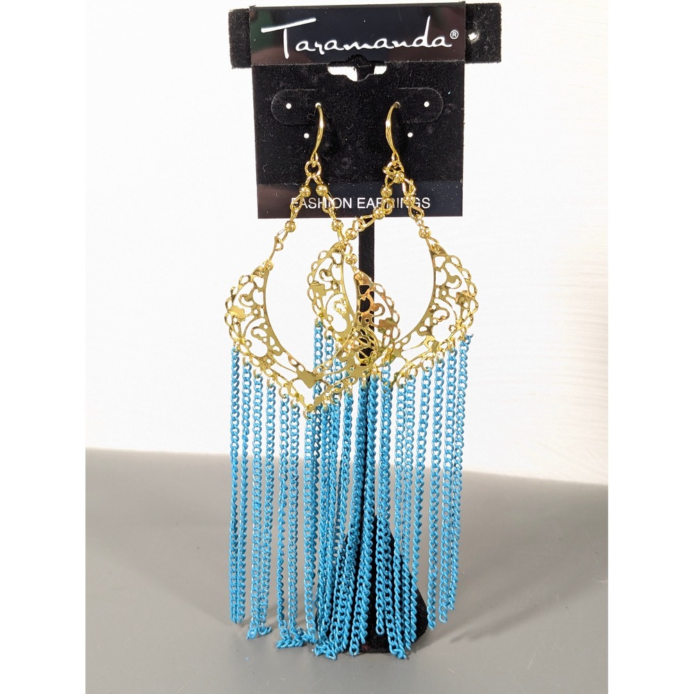 Taramanda Gold Tone‎ Blue Chain Fringe Statement Dangle Earrings New